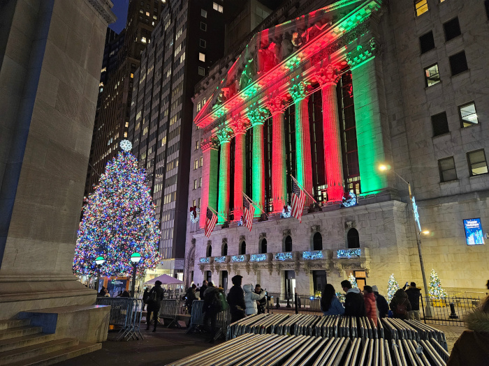 A very festive view of the New York Stock Exchange